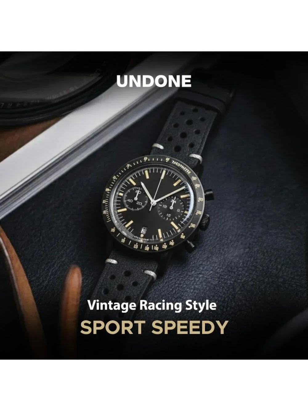 Undone Urban Collection Chronograph Mens Black Dial Black Racing Leather Strap A